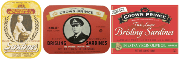 Comparison of 3 Crown Prince product labels, two historic and one modern