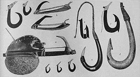 Fish hooks and octopus lure illustration from "Hawai‘i: A Pictorial History" Compiled and Designed by Joseph Feher, Bishop Museum Press, Honolulu, 1969.